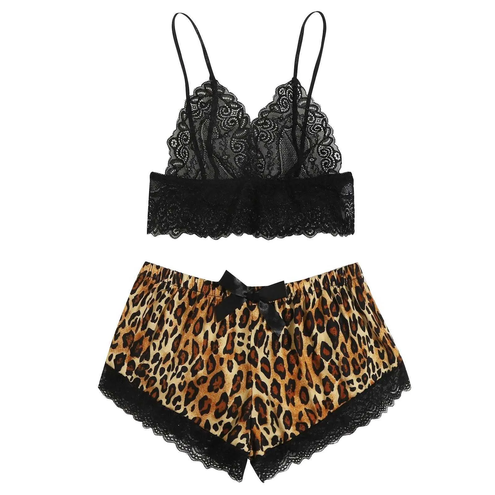 Sommar Kvinnors Pajamas Set V-Neck Sträcka Satin Nightie För Kvinnor Sexig Underkläder Sleepwear Leopard Nightwear Hemkläder Q0706