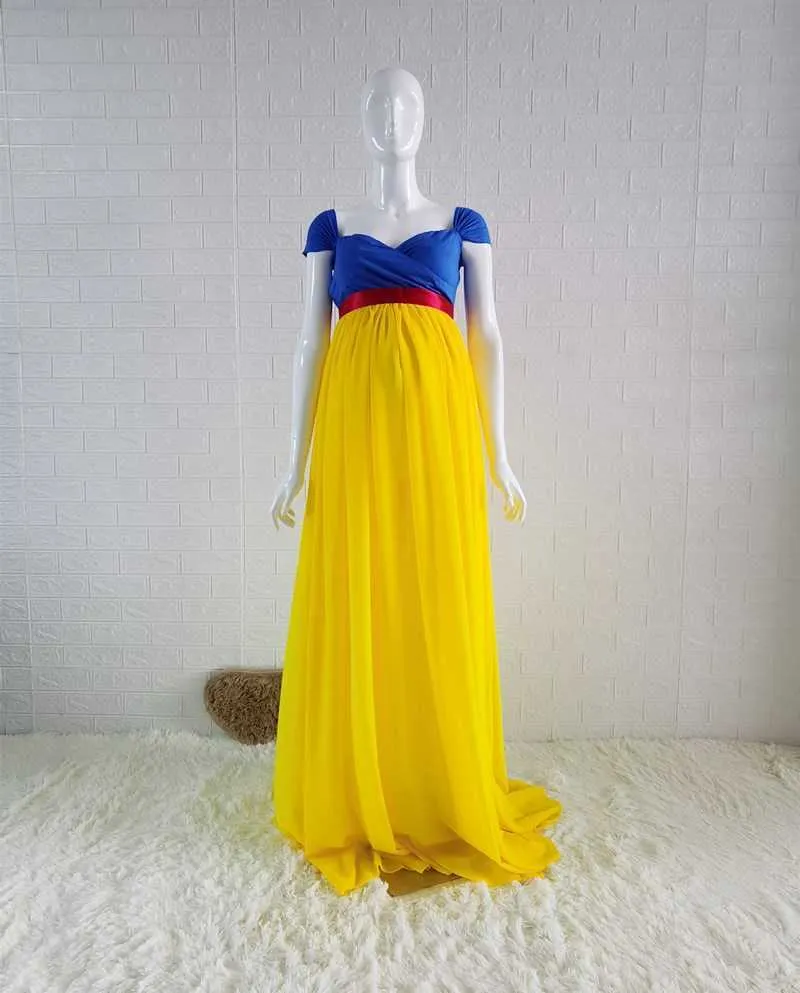 Prenses Cosplay Annelik Fotoğraf Sahipleri Uzun Elbise Mavi ve Sarı Şifon Gebelik Fotoğraf Çekimi Maxi Elbiseler X0902