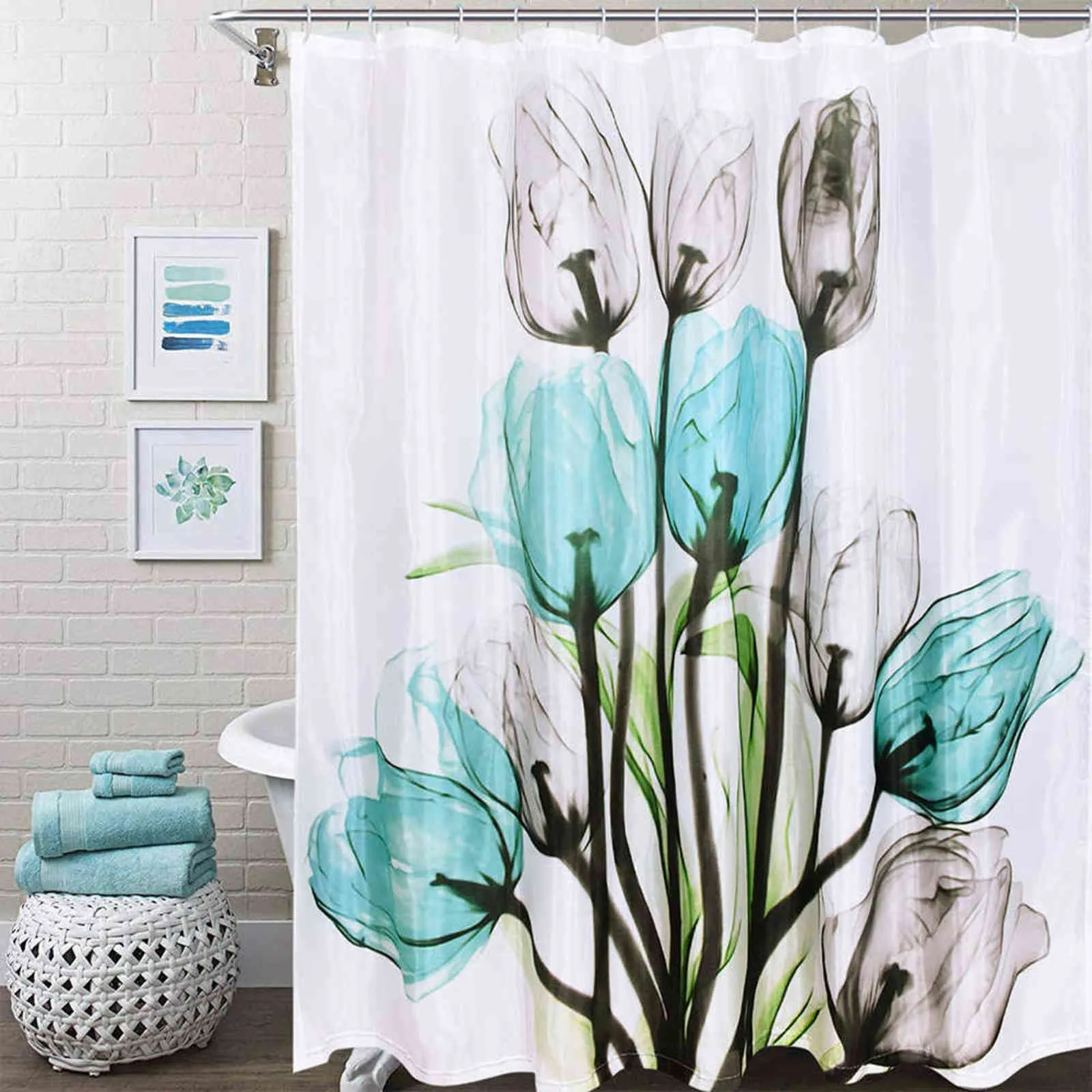 チューリップ蓮の花の木のシャワーカーテン花セット滑り止め敷物のトイレ蓋のカバーとバスマット防水浴室のカーテン211116