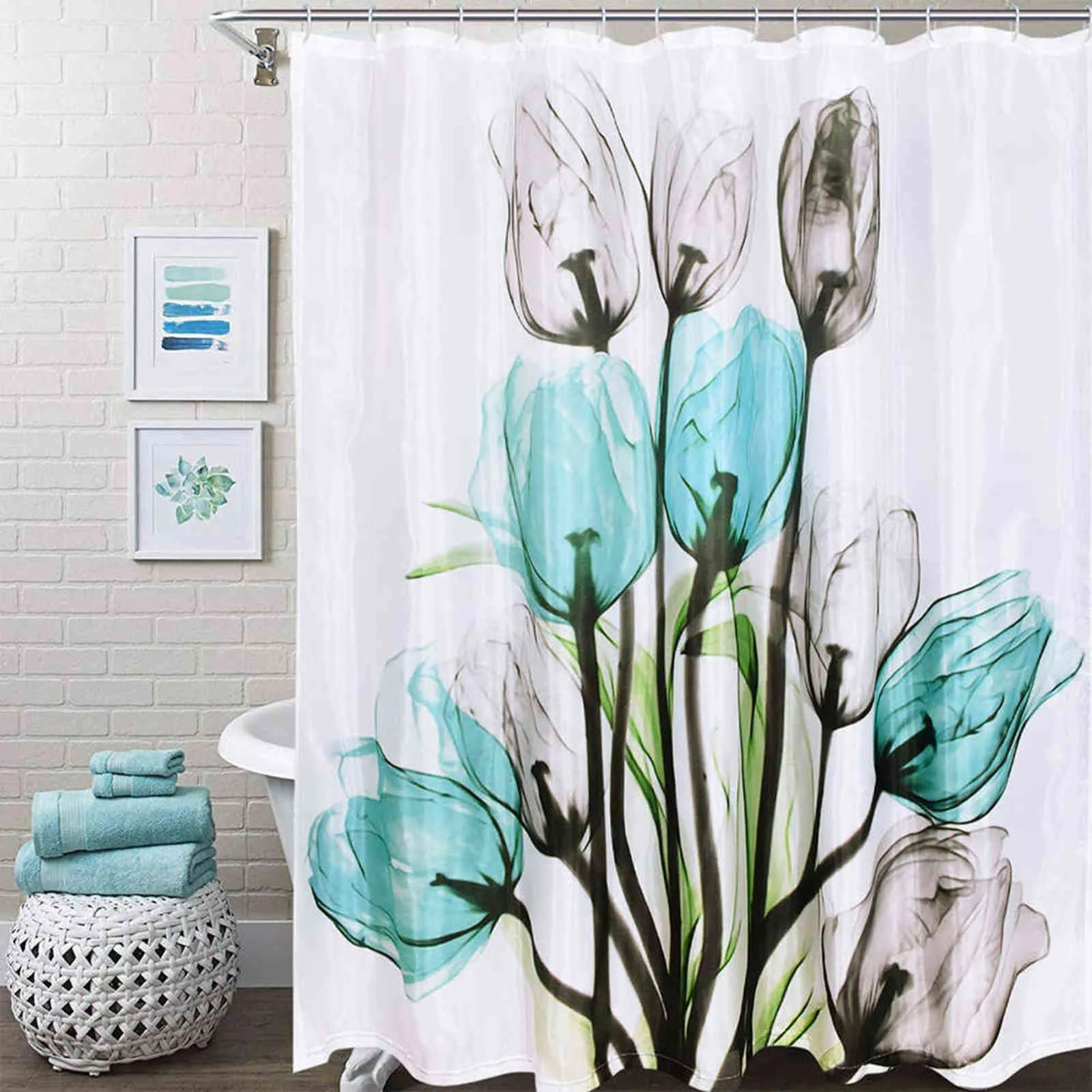 Tulip Lotus Flowers Trees Shower Curtain floral Sets Non-Slip Rugs Toilet Lid Cover and Bath Mat Waterproof Bathroom Curtains 211116