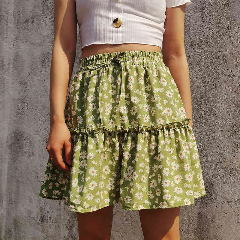 Summer women ruffles Swing skirt high waist female casual mini skirt A-line flower skirt ladies sexy short beach skirts 210514