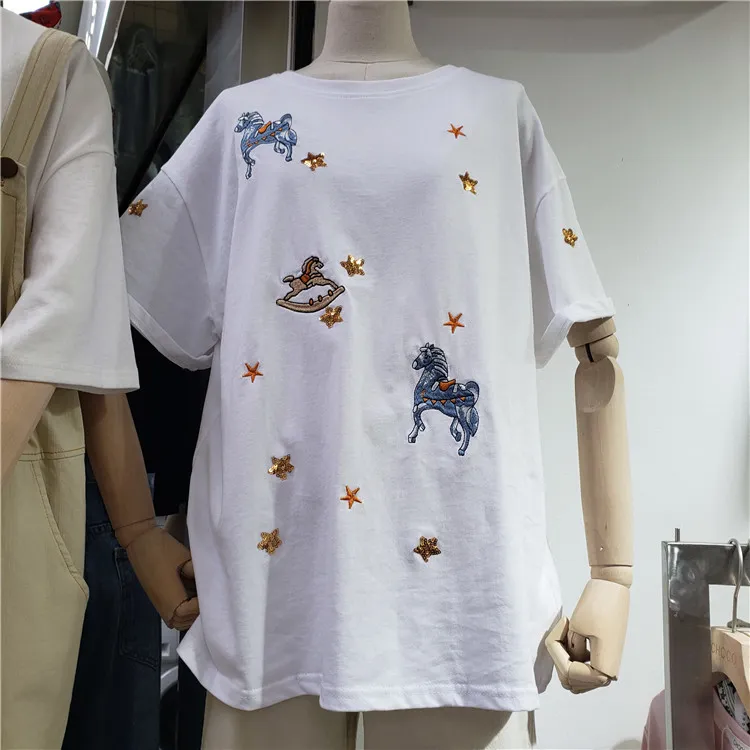 Cartoon-Embroidered-Sequins-White-Short-Sleeve-T-Shirt-Women-s-Loose-Round-Neck-Pull-Shirts-Students