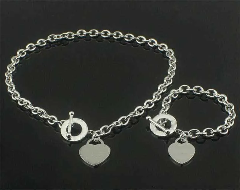 925 Silver Love Necklace Bracelet Set Wedding Statement Jewelry Heart Pendant Necklaces Bangle Sets 2 In 12759