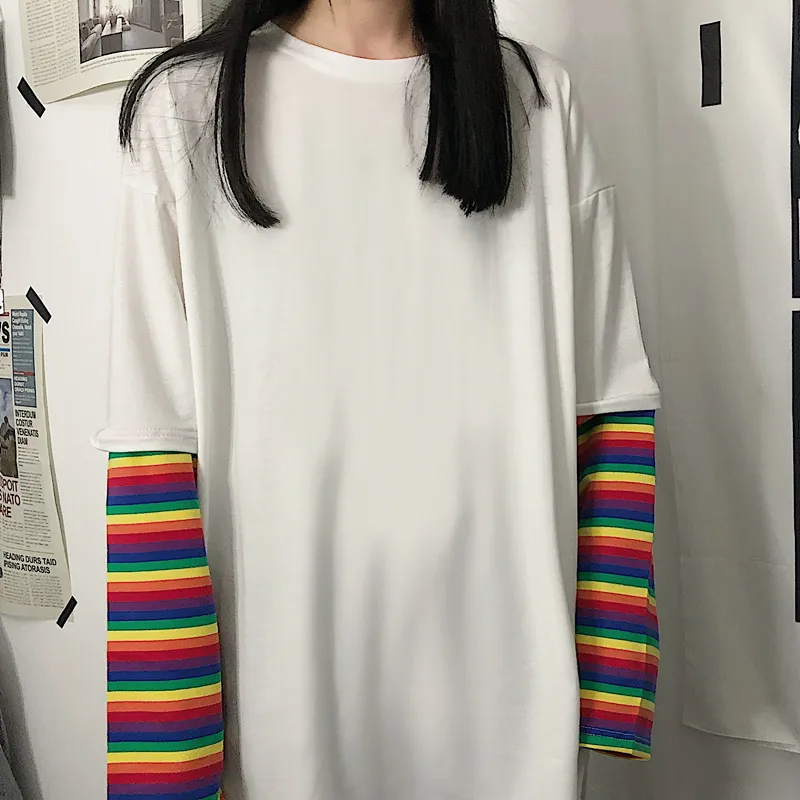 Streetwear Japanese Harajuku Rainbow Striped T Shirt Kvinnor Patchwork Toppar Fake T-shirts Tjejer Tees 210519