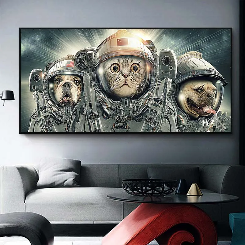 Animaux astronautes dans l'espace toile peinture chat et chien images décoratives affiches murales créatives et impressions décor à la maison Cuadros
