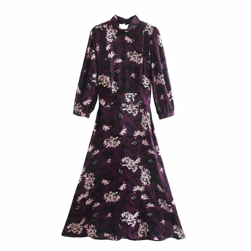 Roxo Floral Impressão Midi Vestido Mulheres Plissado Alto Pescoço Vintage Mulher Elegante Voltar Abertura Party ES 210519