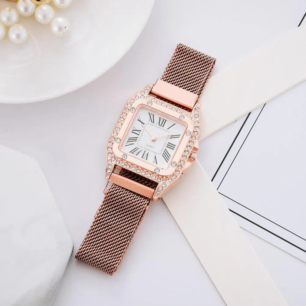 New Watches Women Square Rose Gold Wrist Watches Magnetic Fashion Brand Watches Ladies Quartz Clock montre femme161u