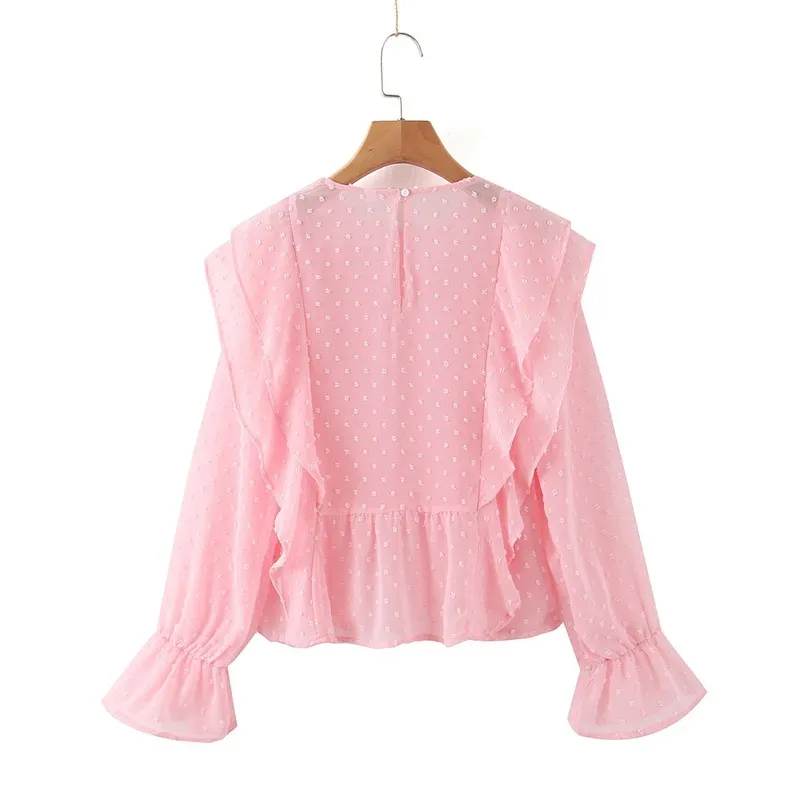 HSA Pink Flare Sleeve Loose Blusa Pois Fashion Streetwear e Top Camicie Ruffles Camicette Summer Tiops 210417
