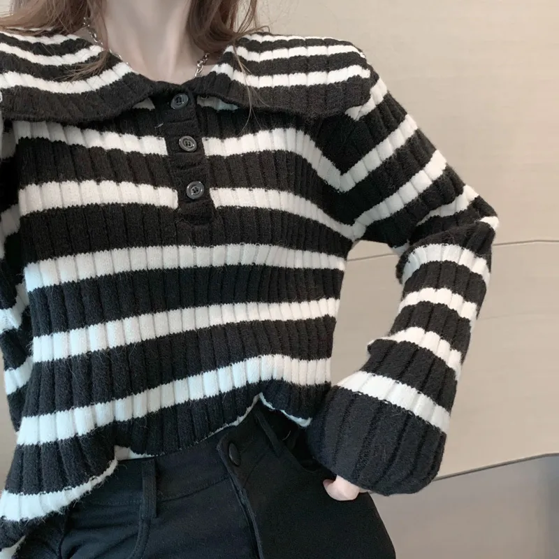 Kimutomo Casual Striped Knitted Sweater Women Turn-down Collar Buttons Warm Long Sleeve Pullovers Outwear Spring 210521