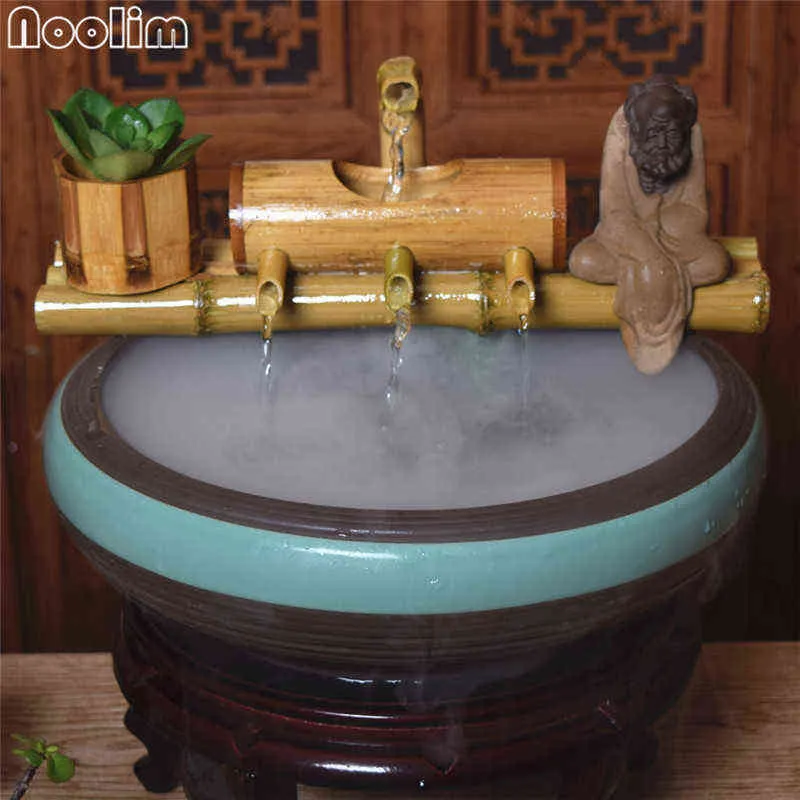 Bambu akvariumvattenåtervinning Feng Shui Dekoration Tube Fountain Stone Trough Filter Office Desktop Inredning 211101