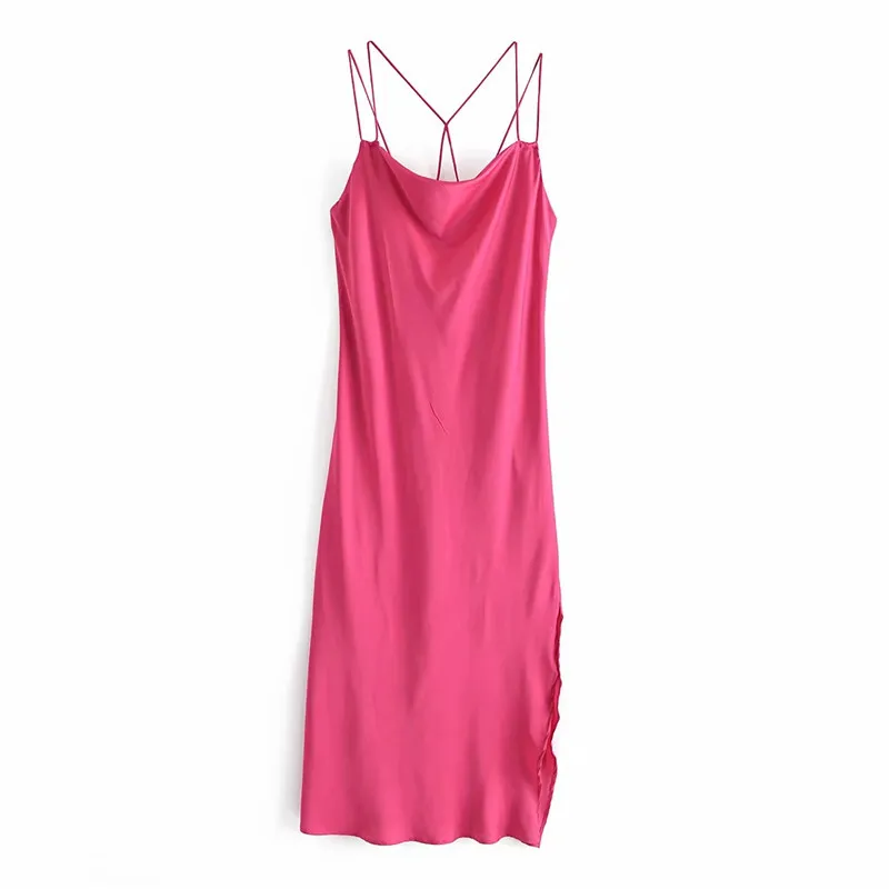 Abito lungo in raso con canotta rosa rossa Abito estivo senza schienale da donna Abiti da festa sexy da donna senza maniche Midi 210519