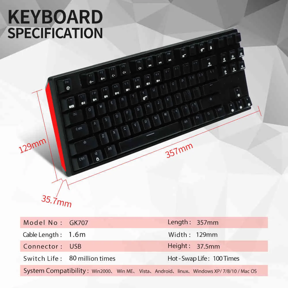 HEXGEARS GK707 87 Key Gamer Mechanical Kailh BOX Switch Hot Swap Anti Ghosting White LOL Gaming Keyboard PC/Mac/Lap