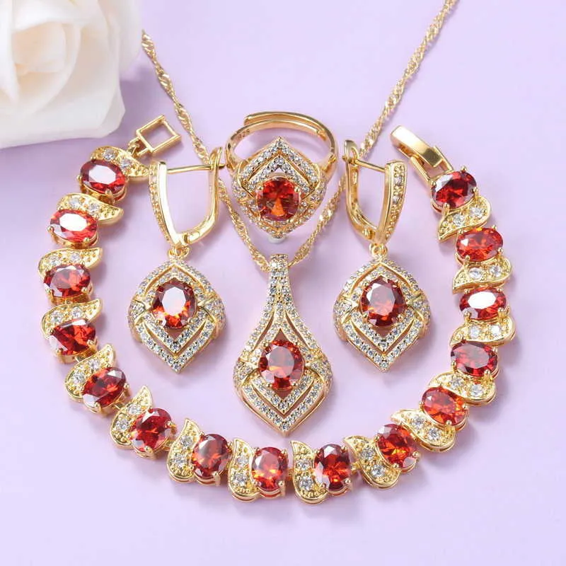 Bröllopstillbehör brud smycken uppsättning med rött kubiskt zirkoniumoxid halsband och örhängen afrikansk guldpläterad armband ring sätter h1022
