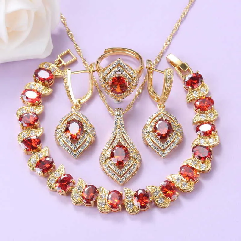 Wedding Accessories Bride Jewelry Set With Red Cubic Zirconia Necklace And Earrings African Gold-Plated Bracelet Ring Sets H1022