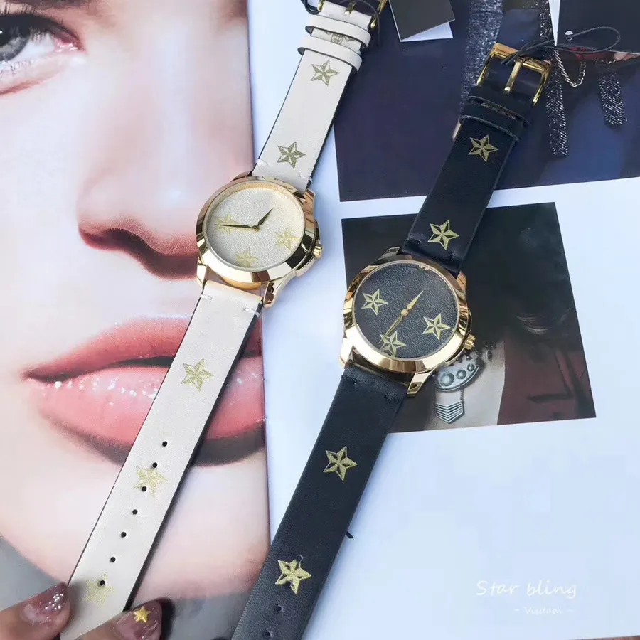 Modemärke klockor för kvinnor lady girl fem-spetsig stjärna bin stil läder rem kvarts handledsur g78240m