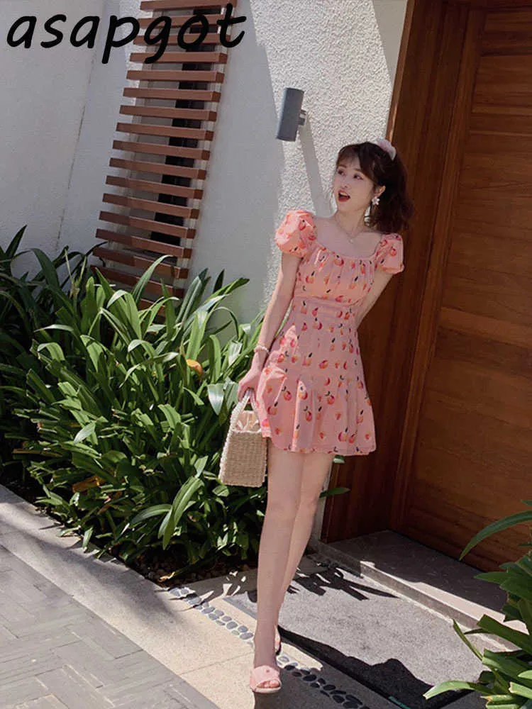 2 Styl Koreański Chic Słodkie Dziewczyny Plus Rozmiar Kwadratowy Neck Kwiatowy Sukienka Kobiety brzoskwini Różowy Lato Temperament Waist Slim Mini Vestidos 210610