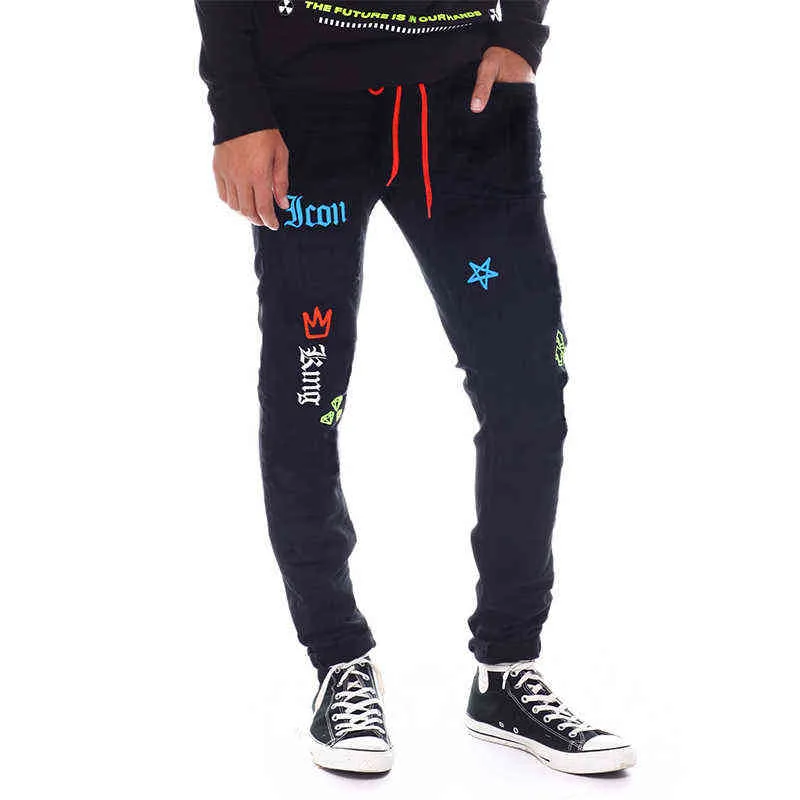 Hommes Jeans Noir Mode Taille Haute Stretch Lavé Denim Crayon Pantalon Crâne Motif Lettre Imprimé Pantalon De Rue 211111