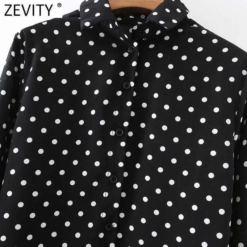 Zevity Women Polka Dots Print Casual Black Smock Blouse Office Lady Single Breasted Chiffon Shirt Chic Blusas Tops LS7613 210603
