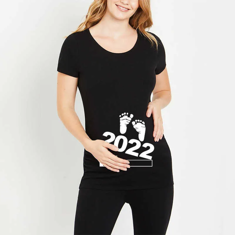 ベアリーダー妊娠女性カジュアルティーファッションマタニティレディースTシャツレターフットプリントプリント出生前柔らかい服210708