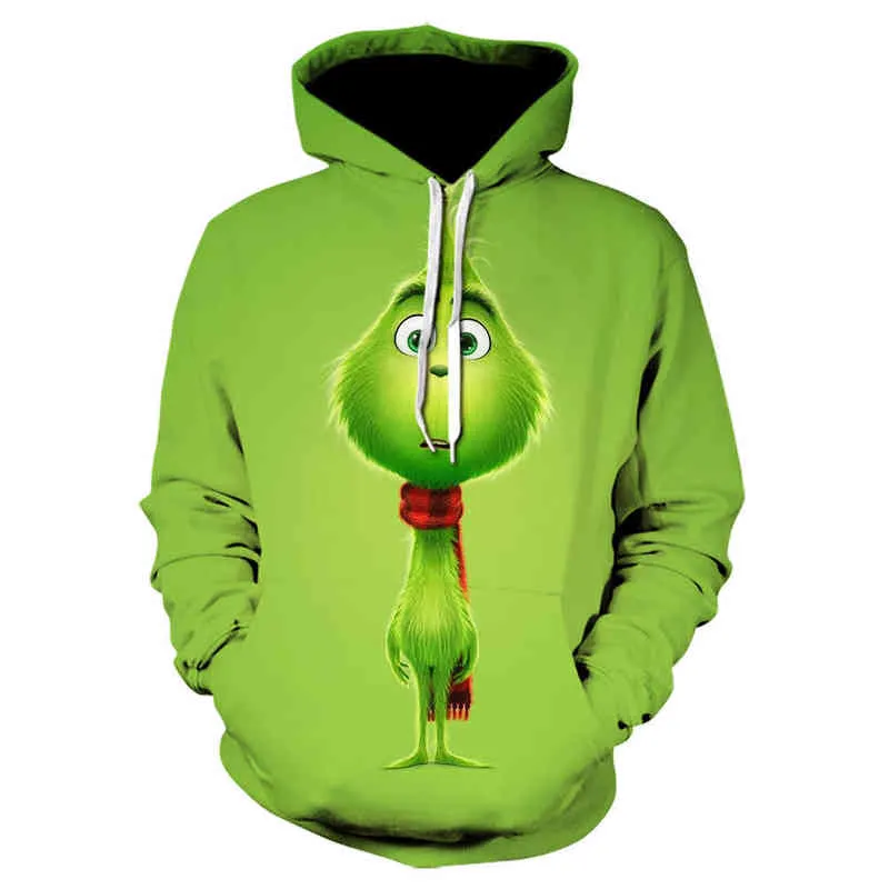 Winter Hoodie für Männer Grinch 3D Gedruckt Sweatshirt Harajuku Grün Stil Mode Cartoon HoodedPullover Trainingsanzüge Pullover 211202