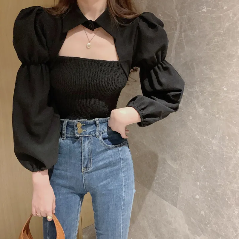 Chic Solid Korean Sweet Women Shirts Hollow Out Puff Sleeve Blouse Fashion Pleated Stretch Cropped Blusas Mujer 210519