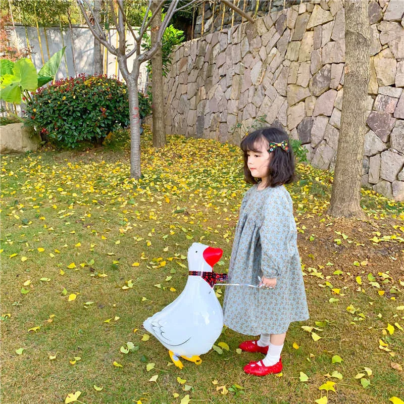 Koreański styl słodkie dziewczyny rękaw puff luźny suknia dzieci odzież kwiatowy casual mała księżniczki sukienki dla dziecka 210615