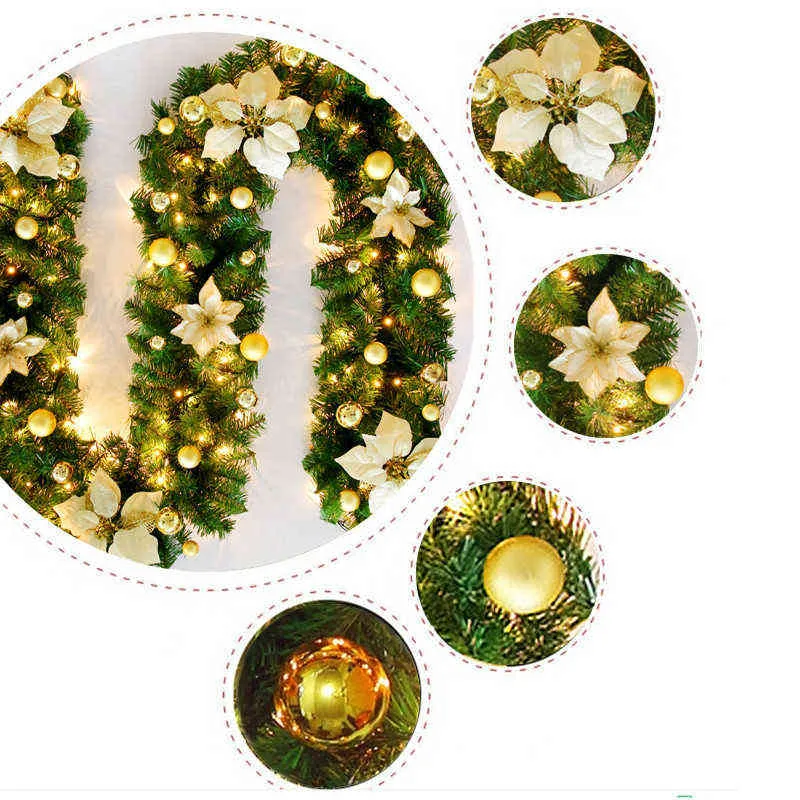 2.7mの高級クリスマスLED Rattan Garlandの装飾ライトの花緑の人工的なクリスマスツリーバナーパーティーの装飾リース211104