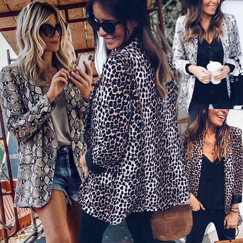 Herbst Winter Leopard Print Jacke Frauen Anzug Mäntel Damen Sexy Taschen Mujer Sexy Schlange Muster Weibliche Oberbekleidung Femme 210507