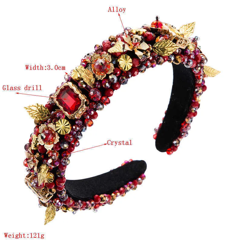 Europese Amerikaanse kristallen hoofdband spons goud fluwelen stof rhinestone haaraccessoires handgemaakte string barok bloem haarband x0722