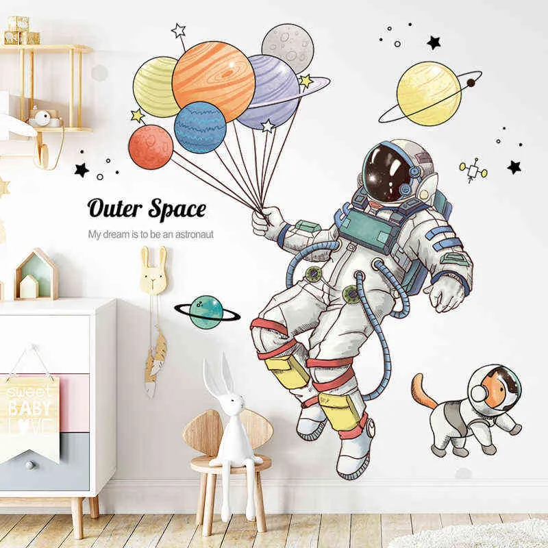 Autocollant mural d'astronaute de l'espace extra-atmosphérique de dessin animé pour chambres d'enfants, décoration murale amovible, autocollant de ballon en vinyle, décoration de maison 211112
