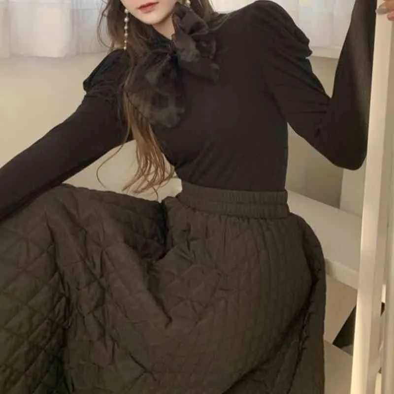 Ezgaga Elegant Tshirts Kvinnor Bowknot Avtagbar Slim Puff Sleeve All-Match Solid Base Office Lady Korean T Shirts Fashion Tops 210430