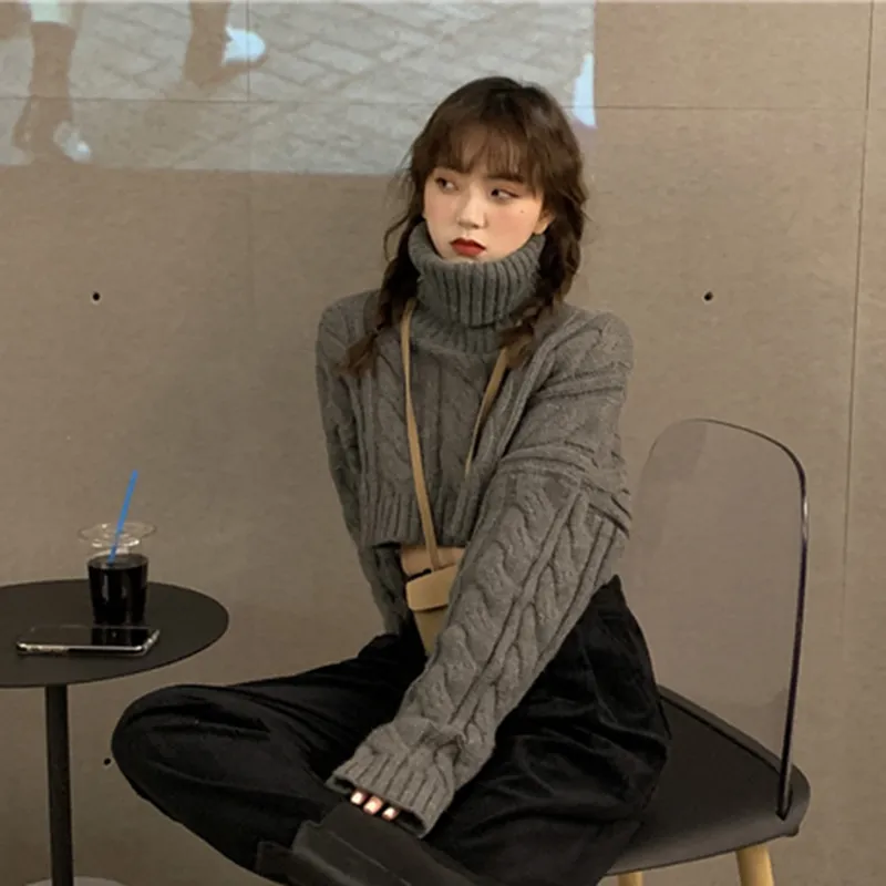 Lucyever dolcevita lavorato a maglia maglioni twist donna pullover corti stile coreano donna grigio scuro manica lunga crop top donna 210521
