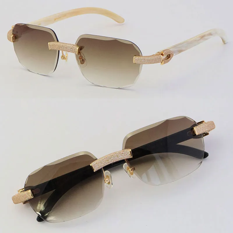 2022 Neues weißes echtes natürliches Büffelhorn Sonnenbrille Randless Micro-Pavavavaved Diamond Set Suns Gläses Männer Frauen mit C-Dekoration ROC245c