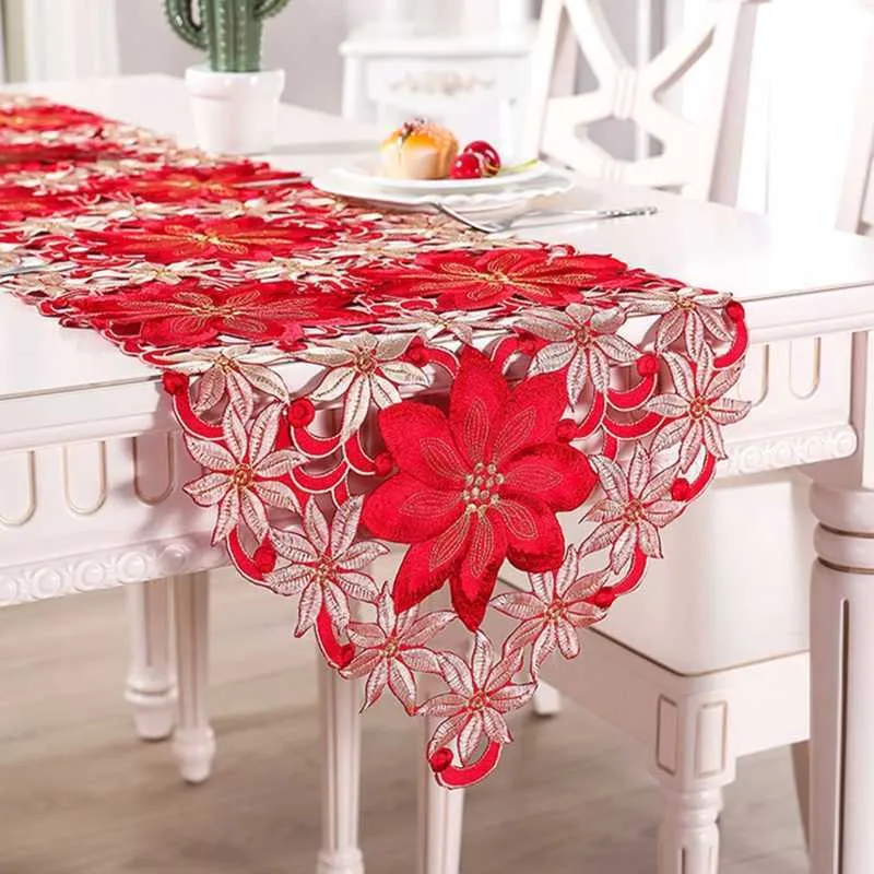 Double Thickness Red Rustic Cutwork Embroidered Floral Table Runners Christmas Decorations High Quality For Home Dining 210628