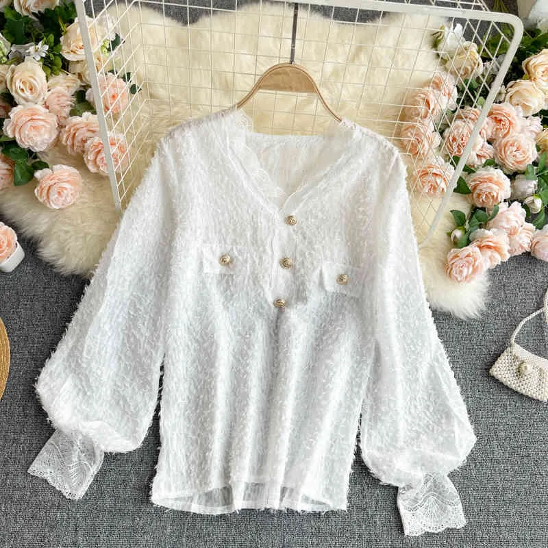 Spring Fashion Blouse Women's Lace V-neck Puff Sleeve Buttons Blusa Micro-transparent All-match Chiffon Shirt GK145 210506