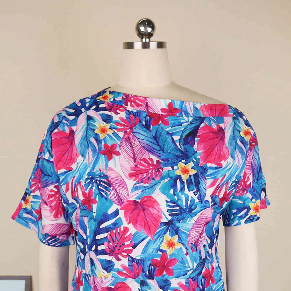 Tute stampate estive Maniche a spalla irregolari floreali con fusciacche Tuta da donna le vacanze da donna Taglie forti XL 210416