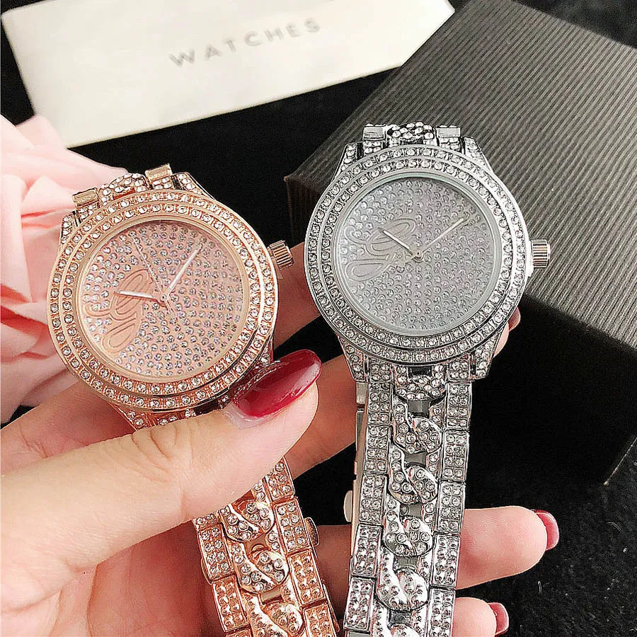 Marke Uhren Frauen Mädchen Diamant Kristall Große Buchstaben Stil Metall Stahl Band Quarz Armbanduhr GS 42