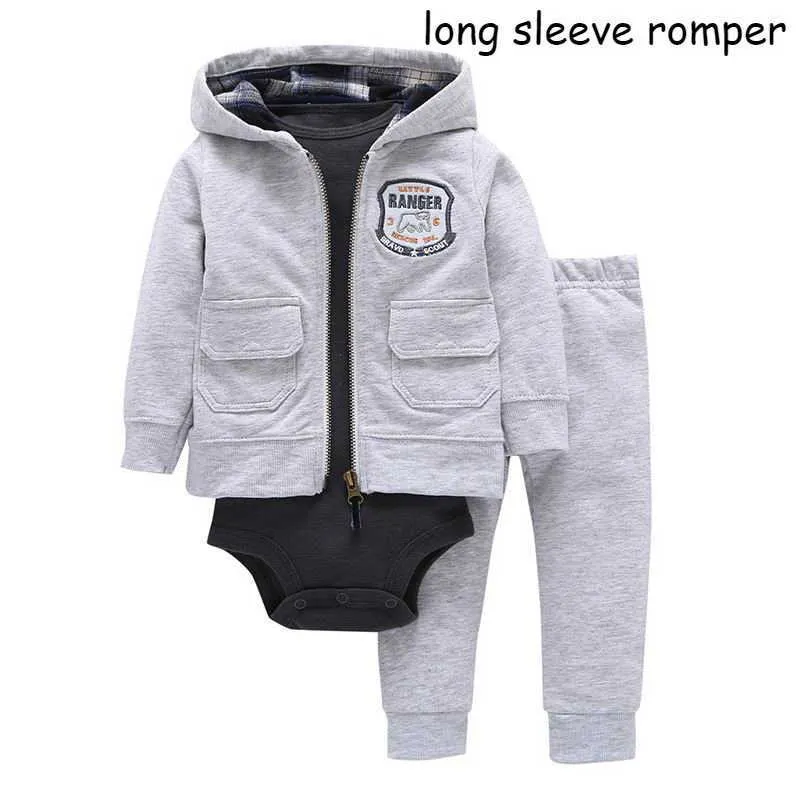 Spring Autumn Boys Girls Set Långärmad Romper + Hooded Coat + Byxor 3st Suit Baby Kläder E26470 210610