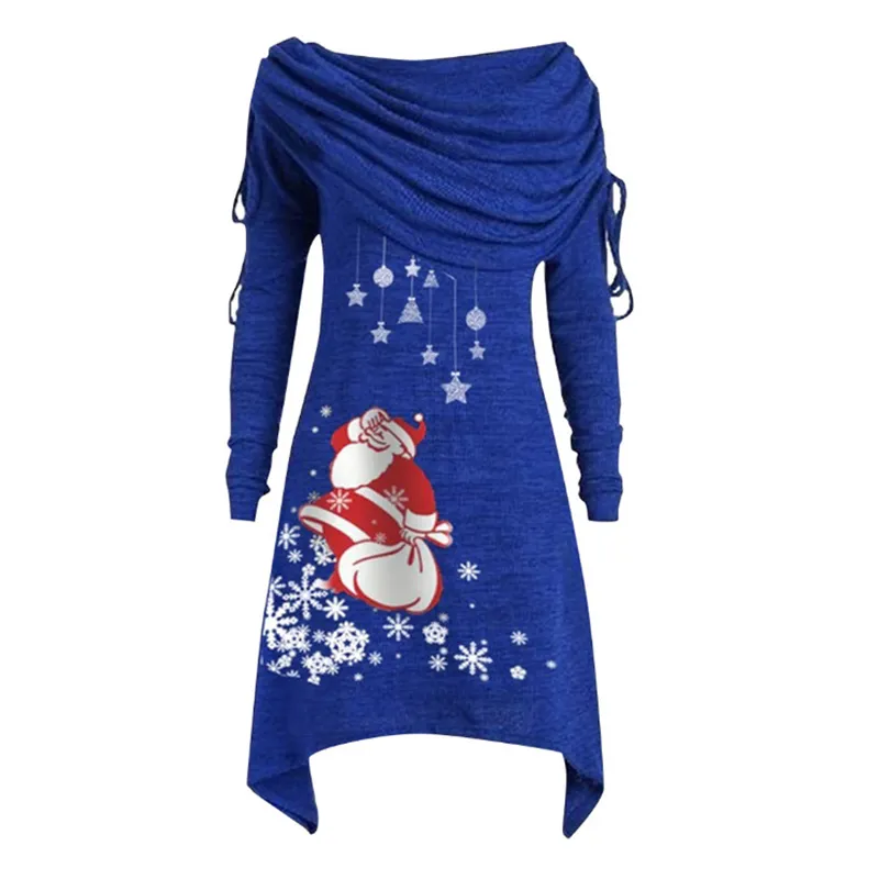 Lady Christmas Santa Claus Snowflake Print Irregular Long Sleeve Mid-length Tunic Vintage costume Winter Tops Big Size 210517