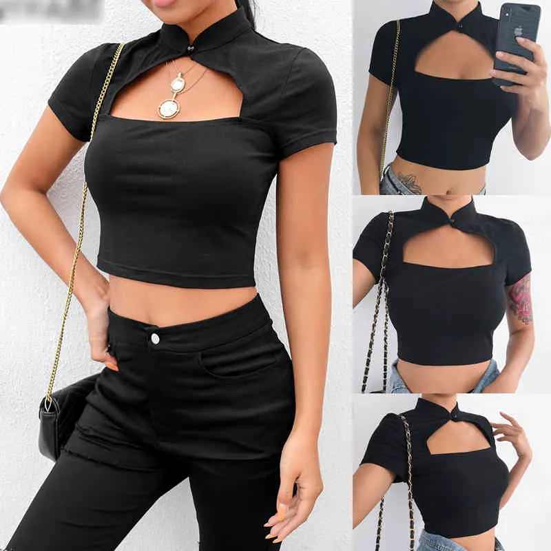 Kadın T-shirt Satış Çin Standı Yaka Kısa Kollu Seksi Bayanlar Kırpılmış Moda Slim Fit Boşluk Yaz Clubwear 210522