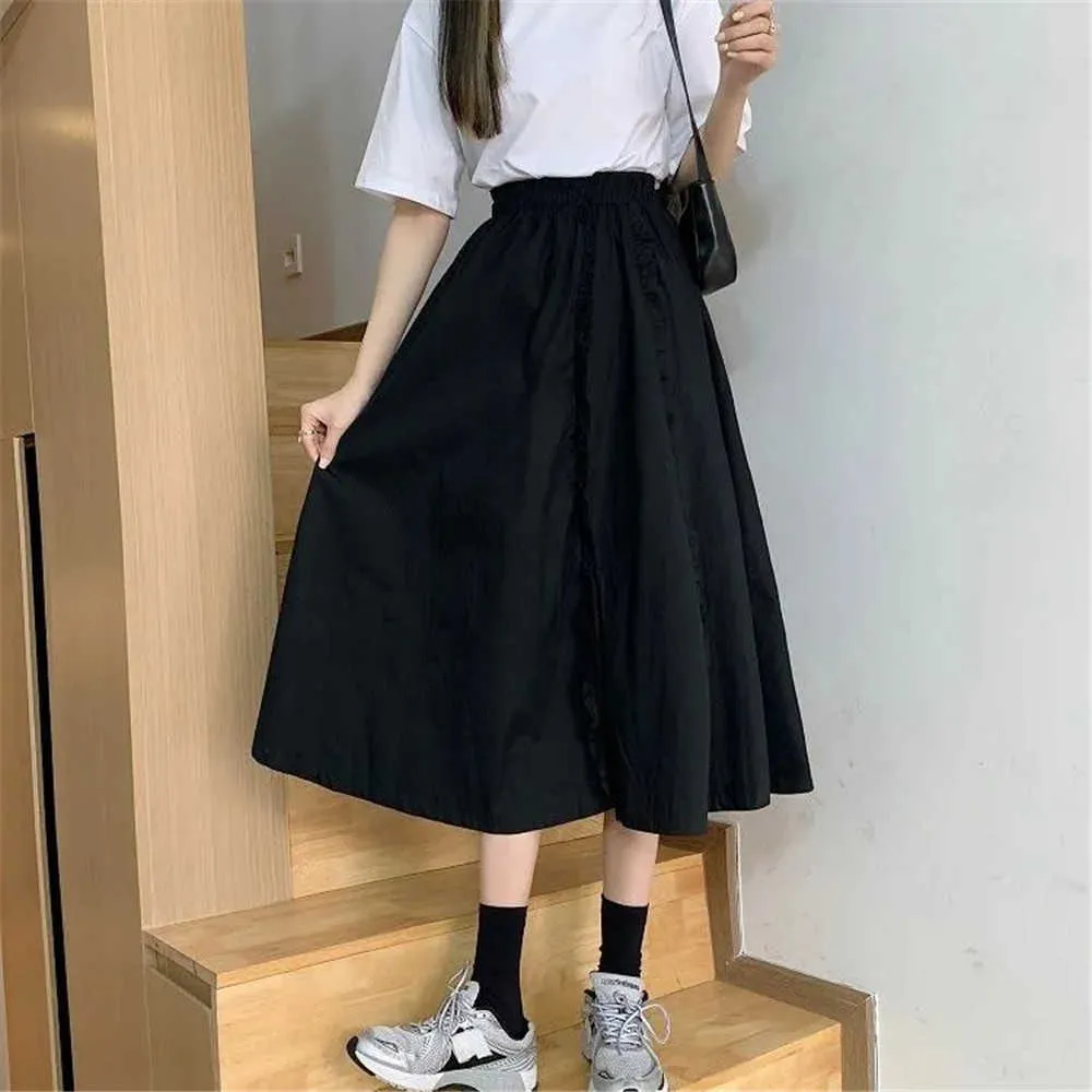 Zoete Japanse gegolfde geplooide rok vrouwen hoge taille BF losse casual lange rok zwart witte zomer wilde student streetwear 210619