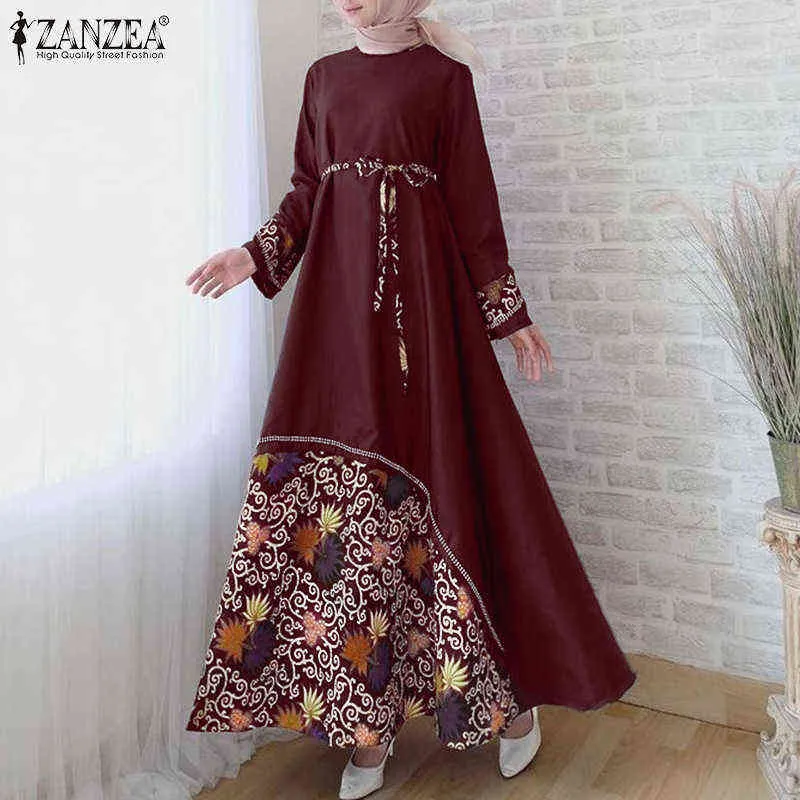 Muslim Abaya Hijab Dress ZANZEA Women Vintage Floral Printed Maxi Sundress Autumn Long Sleeve Belt Long Vestido Caftan Marocain Y1204