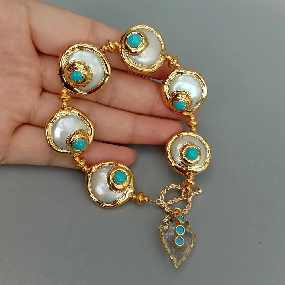 Yygem Natural Quartz Arrowhead Charm Freshater Cultured White Coin Pearl Blue Crystal Bracelet1213674