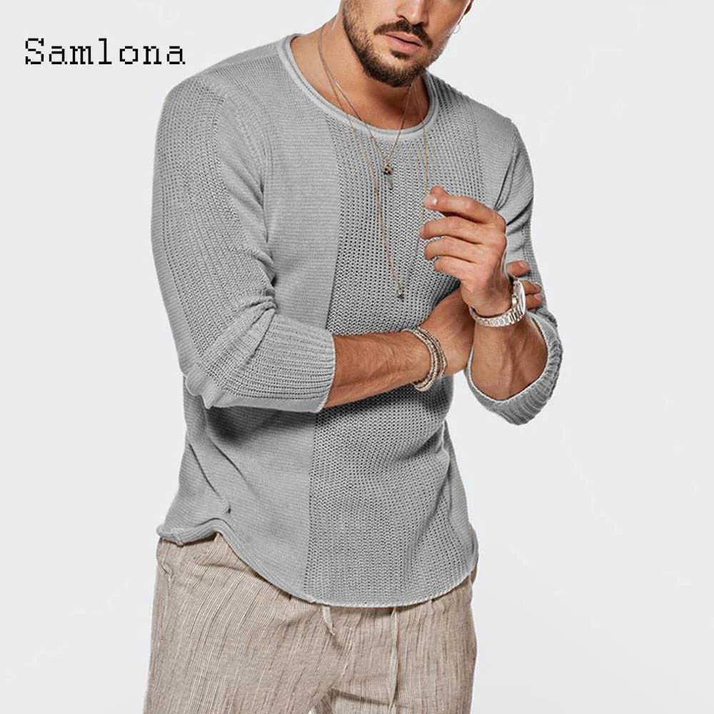 Samlona Pull à tricoter Hommes Automne Nouveau Loisirs Casual Manches longues Top plissé Pulls Pulls Kaki Gris Hommes Vêtements 2020 Y0907