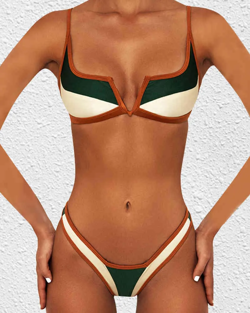 Été femmes Colorblock Bikini ensemble nouveau maillot de bain à col carré femme Spaghetti sangle soutien-gorge avec culotte plage maillot de bain 210415
