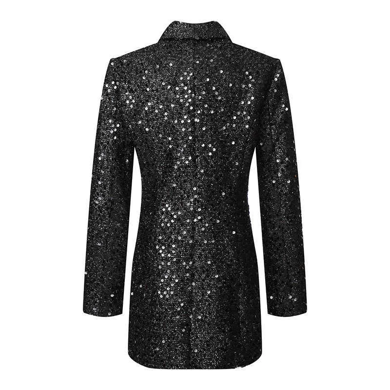 PYJTRL Mode Frauen Schal Revers Glänzenden Pailletten Anzug Jacke Weibliche Zweireiher Langen Mantel Slim Fit Blazer Herbst Kleidung 211006