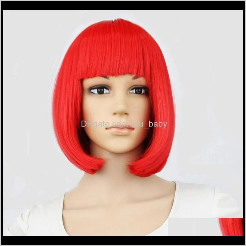 synthetic 10inch straight short bob wigs bangs blue golden red black white purple pink green brown cosplay wig female