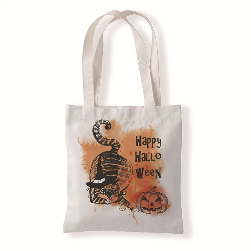 Niedliche bedruckte Canvas-Tasche mit Halloween-Kürbis-Motiv, festliche Partyzubehör, lässiges Tragen von umweltfreundlichen Einkaufstaschen