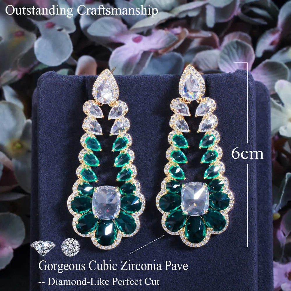 Famoso Design Multi Cor Cúbico Zirconia Longo Gota Verde Brincos Para Mulheres Costume Nupcial Verão Partido Jóias CZ842 210714