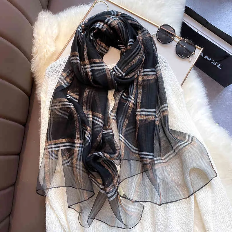 2020 Luxury Silk Wool Scarf Women Plaid Long Foulard Female Glitter Shawl Wrap for Ladies Hijab Spring Winter Thin Warm Scarves